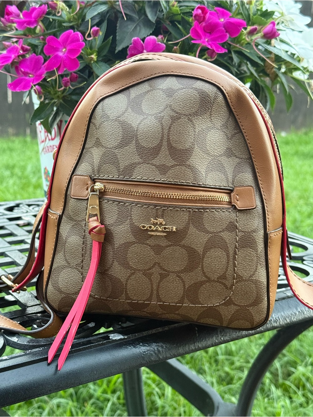 Coach Mini Court Backpack Signature Canvas Brown Tan Leather Trim Gold Hardware